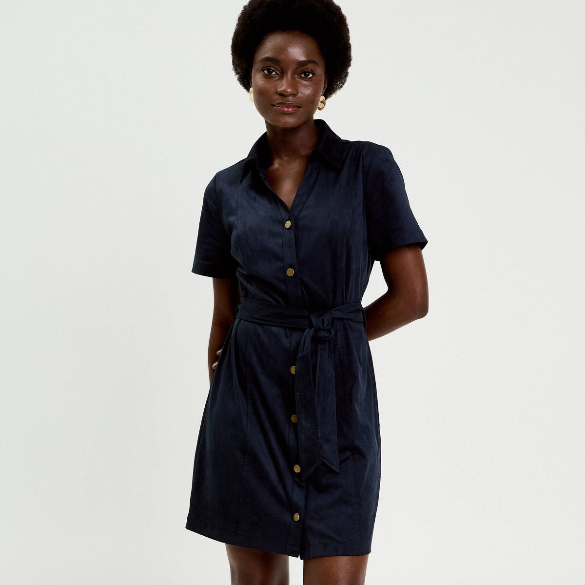 Robe boutonnée aspect daim bleu marine femme