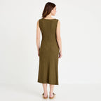 Robe midi droite sans manches en maille vert kaki femme