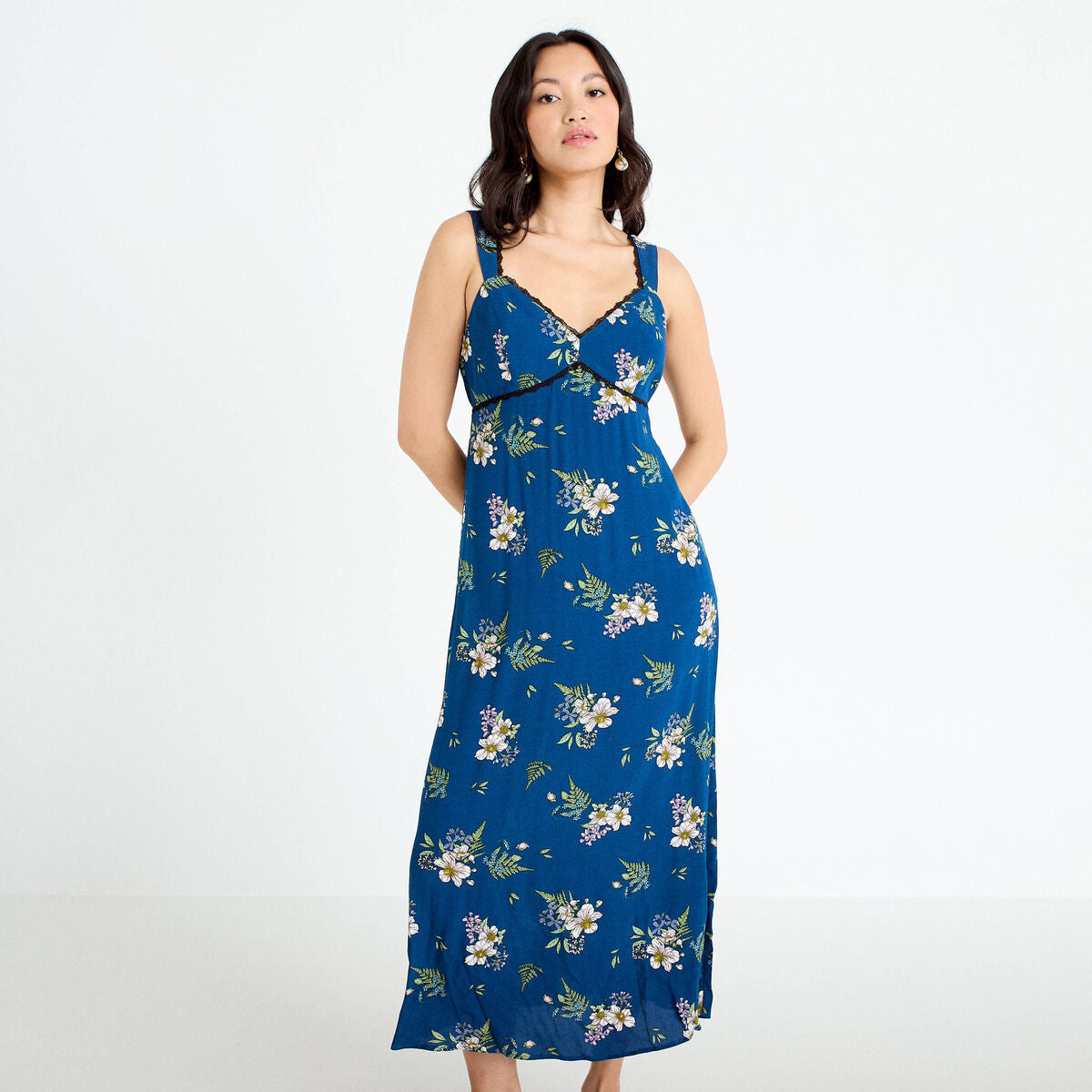 Robe longue évasée col coeur Bridgerton bleu foncé femme