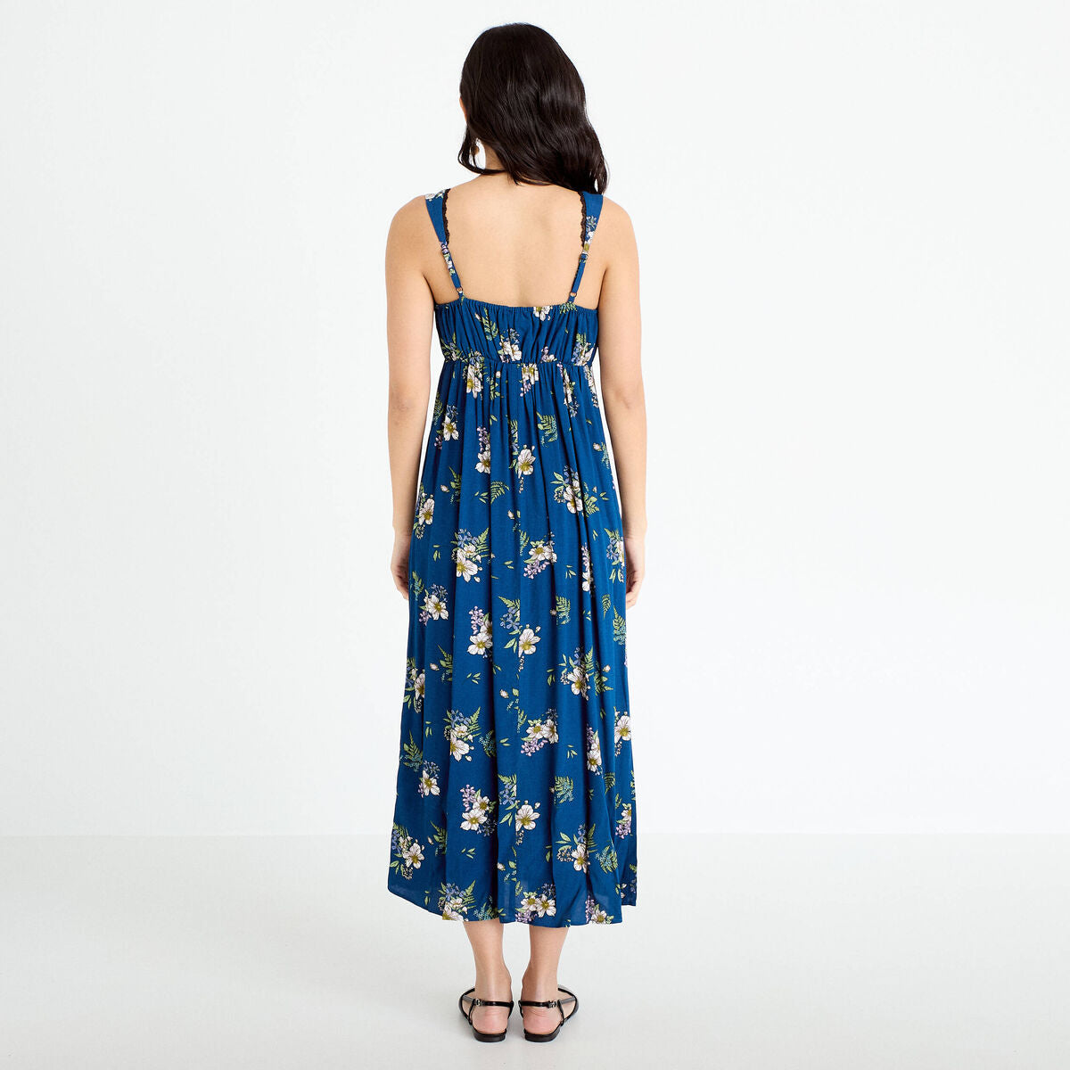 Robe longue évasée col coeur Bridgerton bleu foncé femme