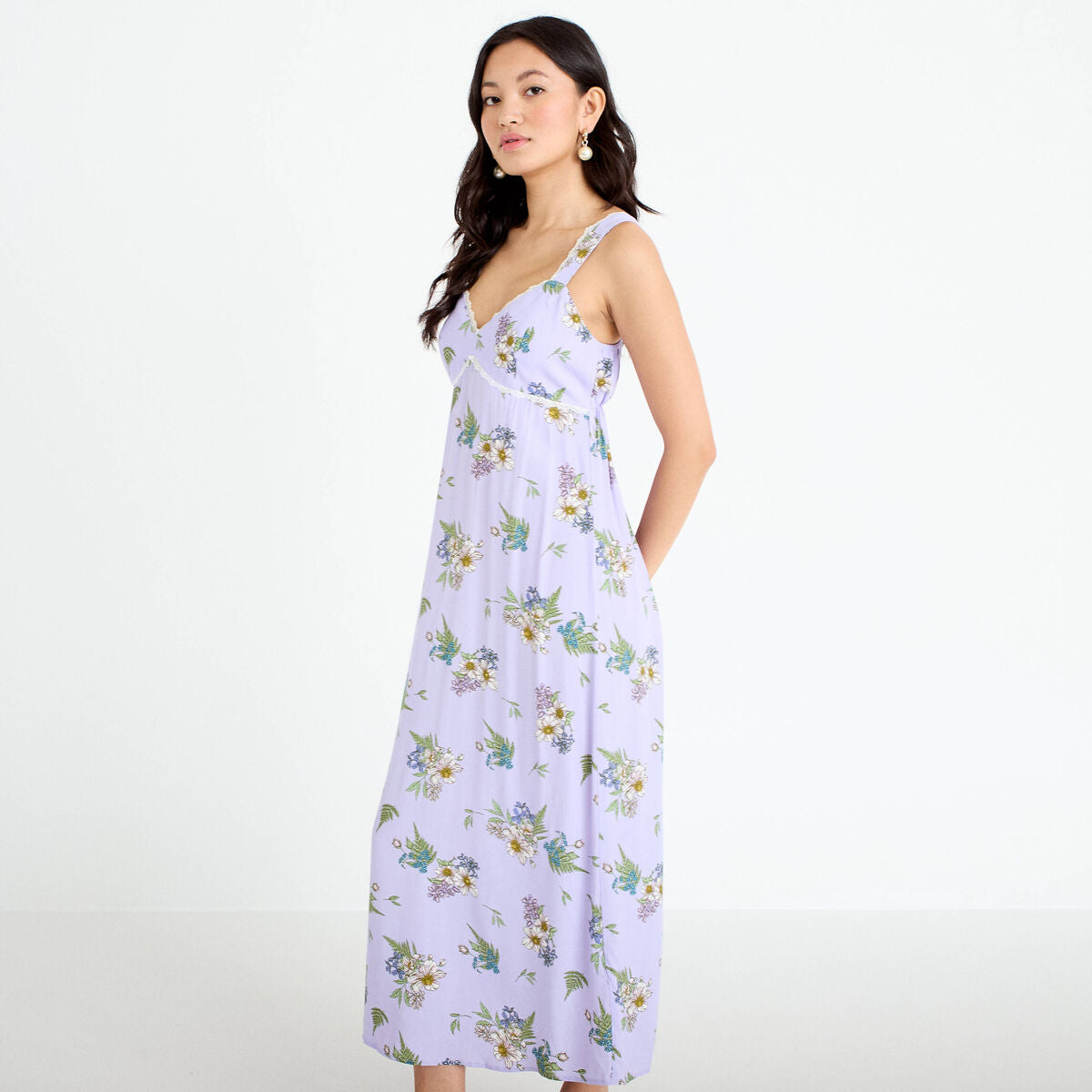 Robe longue évasée col coeur Bridgerton violet clair femme