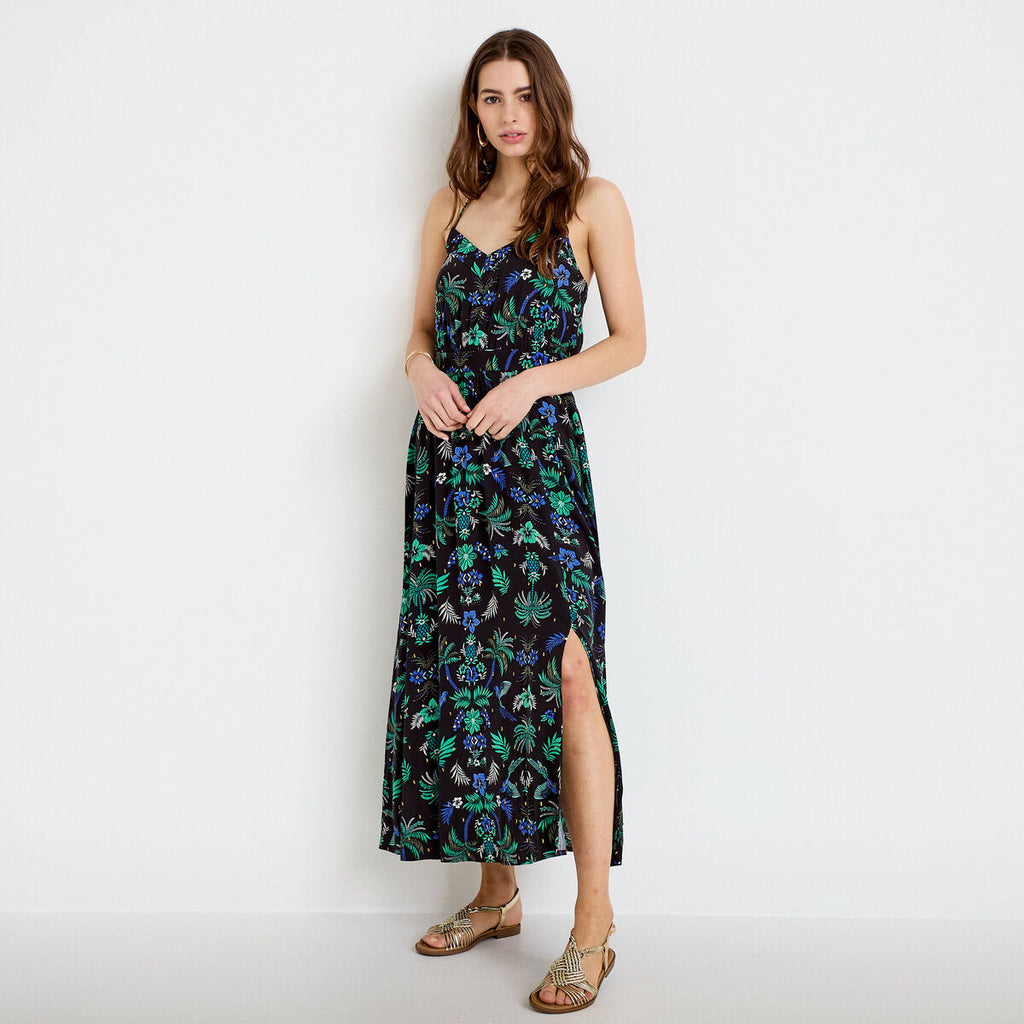 Robe évasée 3/4 col v bretelles fines noir femme
