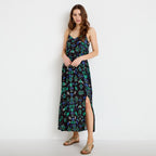 Robe évasée 3/4 col v bretelles fines noir femme