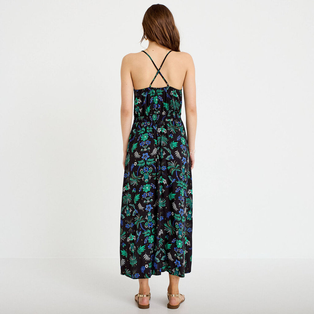 Robe évasée 3/4 col v bretelles fines noir femme