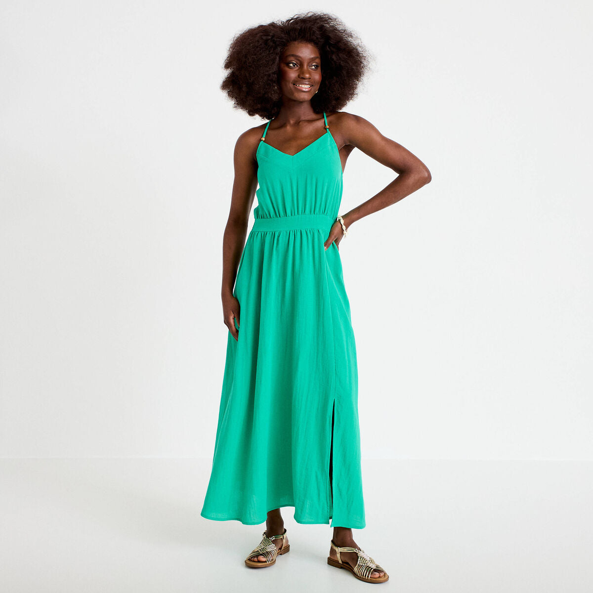 Robe évasée 3/4 col v bretelles vert femme