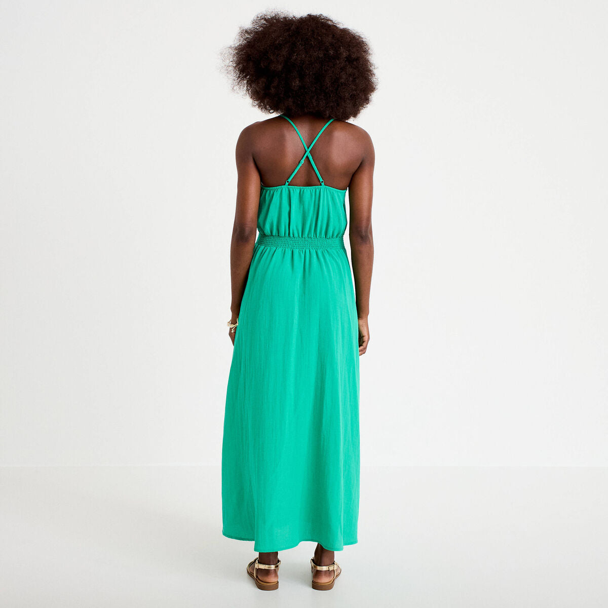 Robe évasée 3/4 col v bretelles vert femme