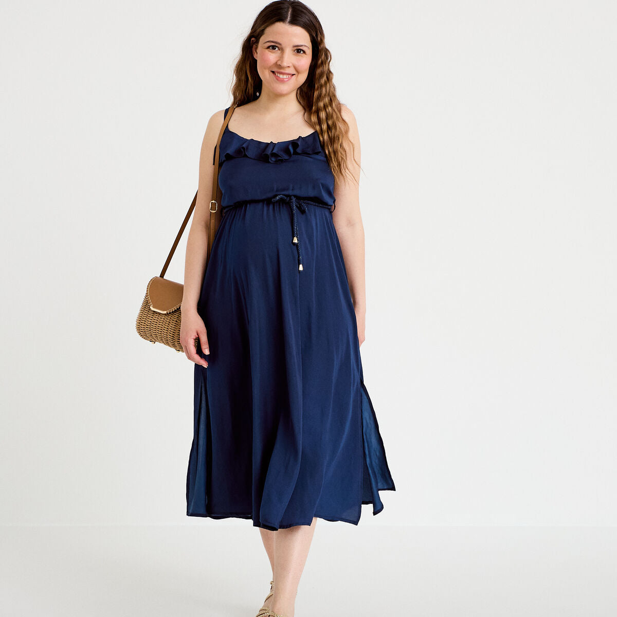 Robe longue évasée col v bretelles bleu marine femme