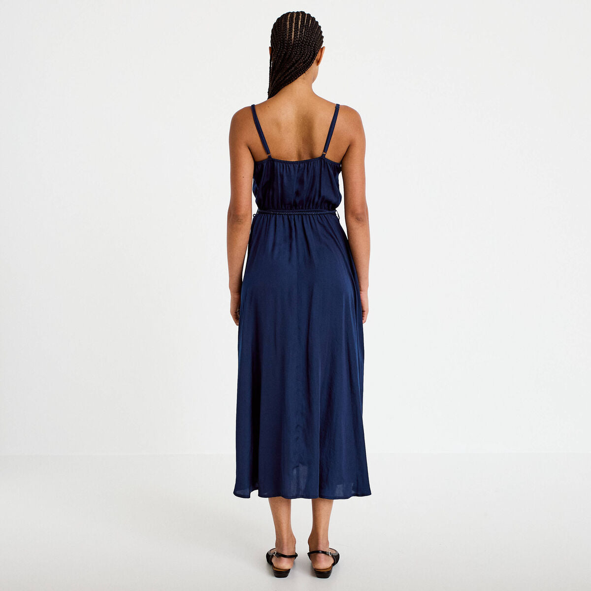 Robe longue évasée col v bretelles bleu marine femme