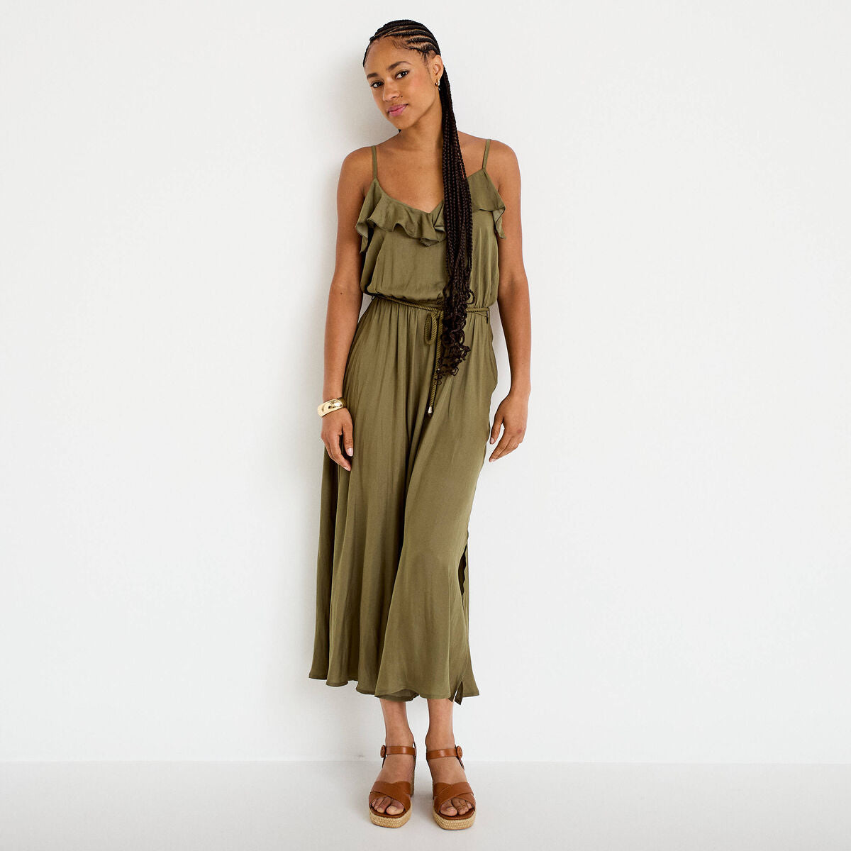 Robe longue évasée col v bretelles vert kaki femme