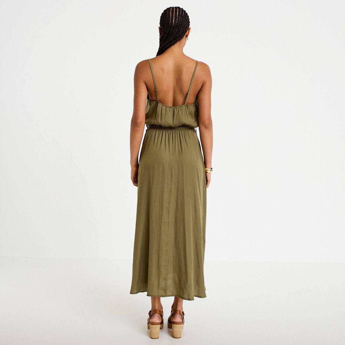Robe longue évasée col v bretelles vert kaki femme
