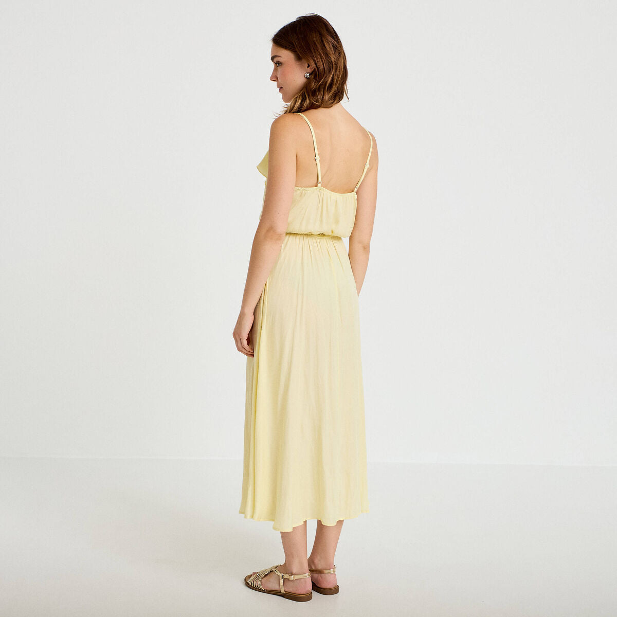 Robe longue évasée col v bretelles jaune clair femme