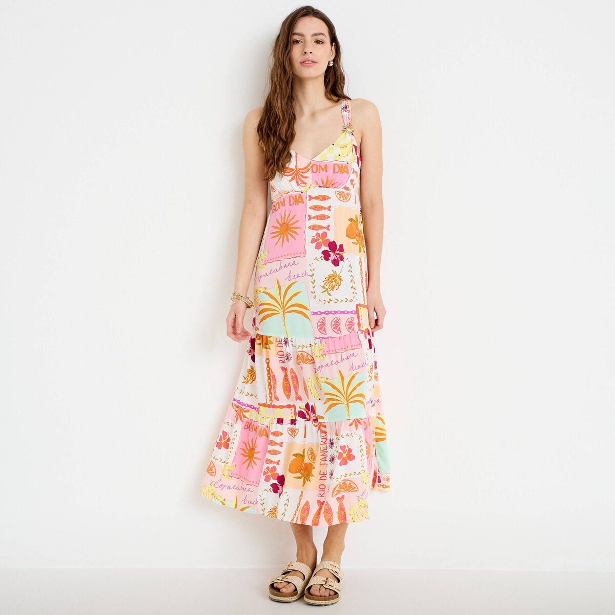 Robe longue évasée col coeur bretelles blanc femme