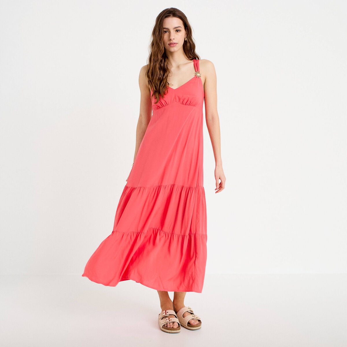 Robe évasée 3/4 col coeur bretelles rose femme