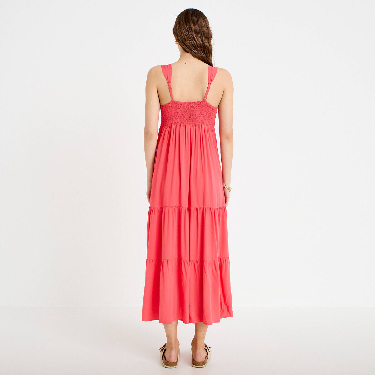 Robe évasée 3/4 col coeur bretelles rose femme