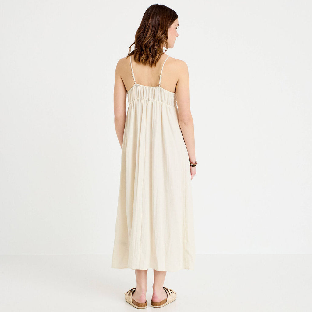 Robe bi-matière col v bretelles fines ecru femme