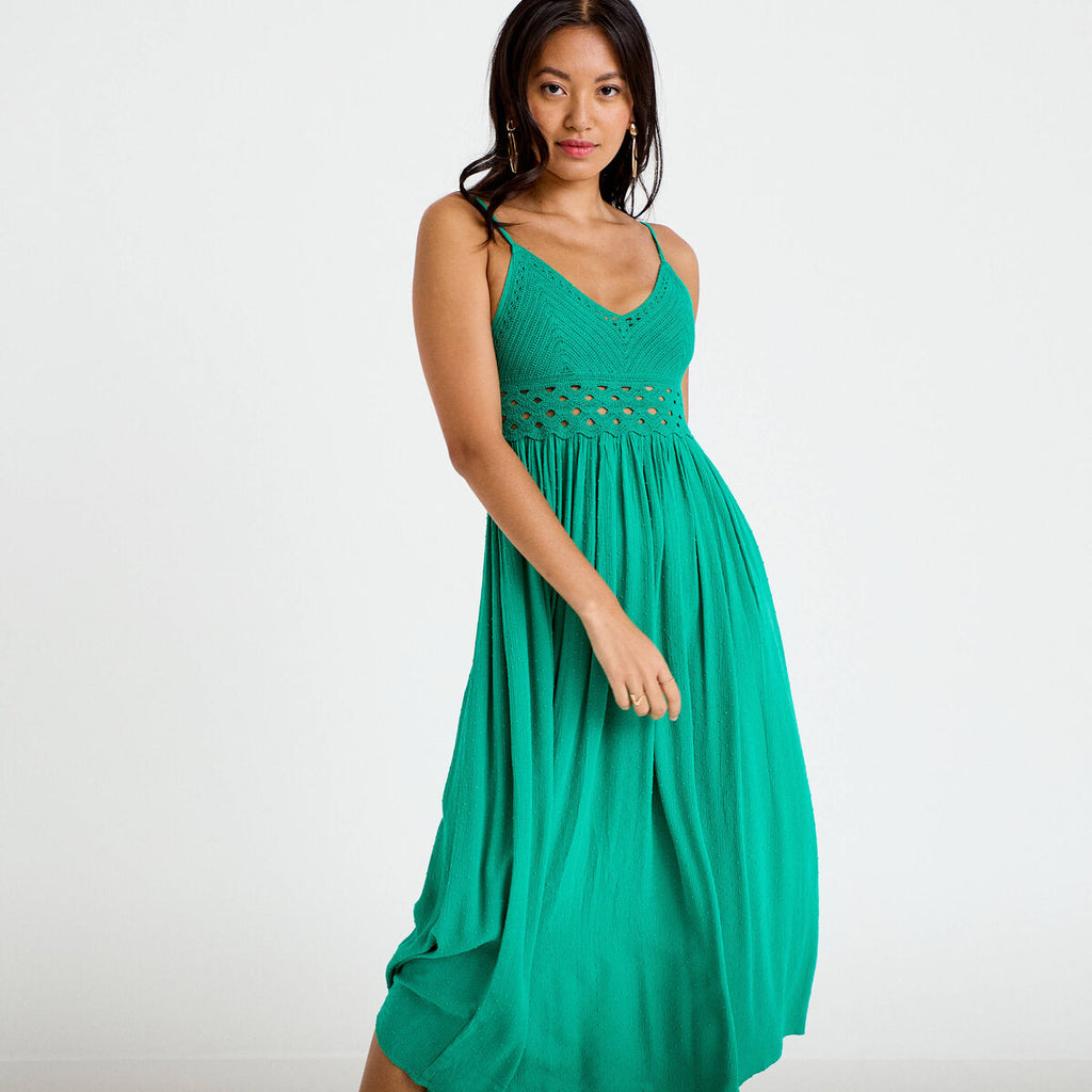 Robe longue bi-matière col v vert femme