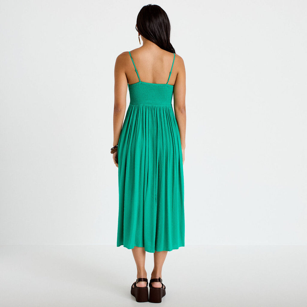 Robe longue bi-matière col v vert femme