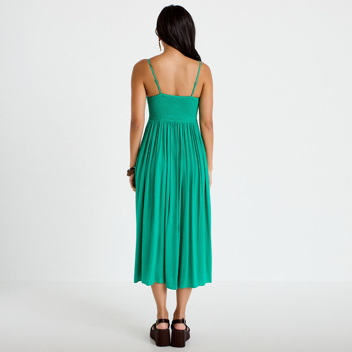 Robe longue bi-matière col v vert femme
