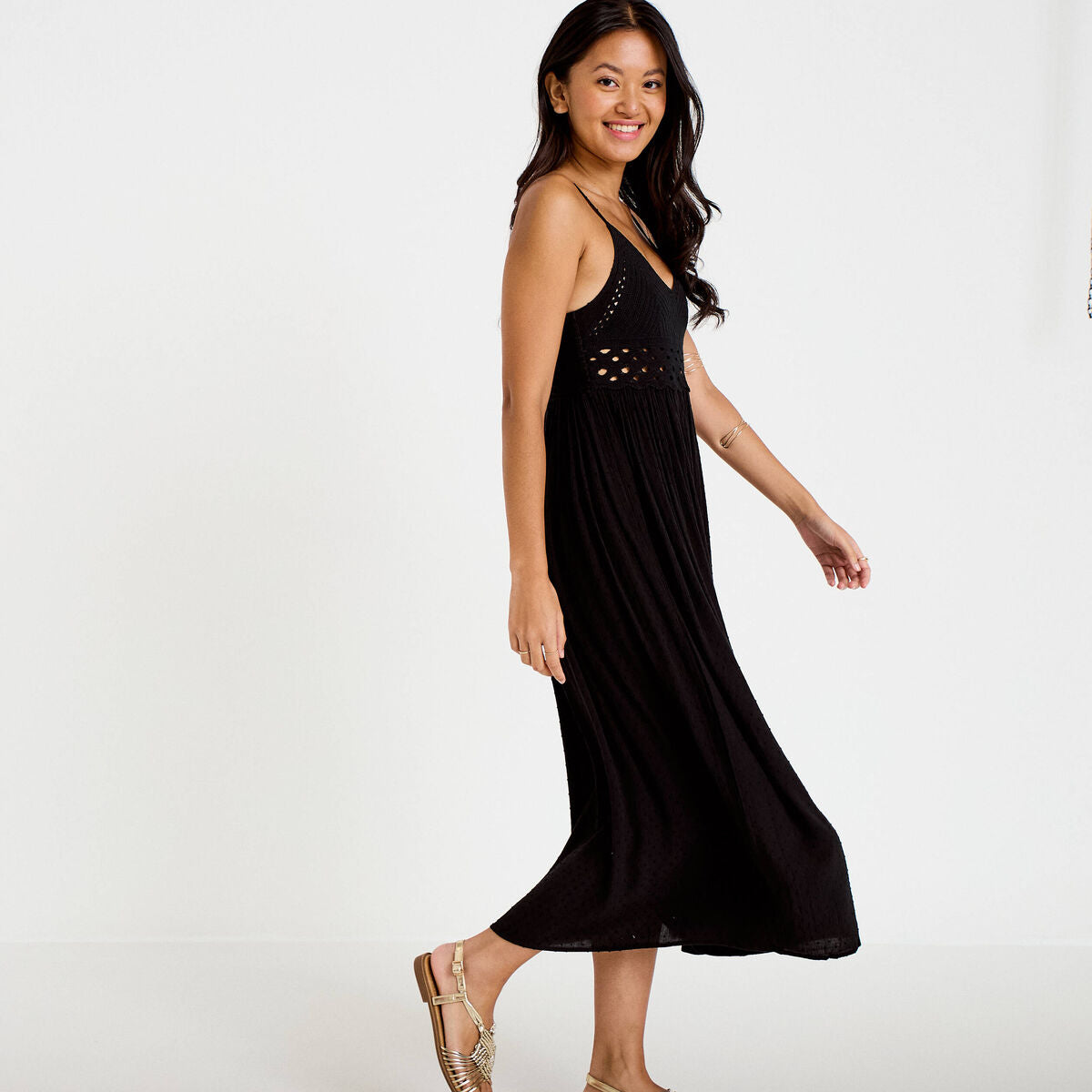 Robe longue bi-matière col v noir femme