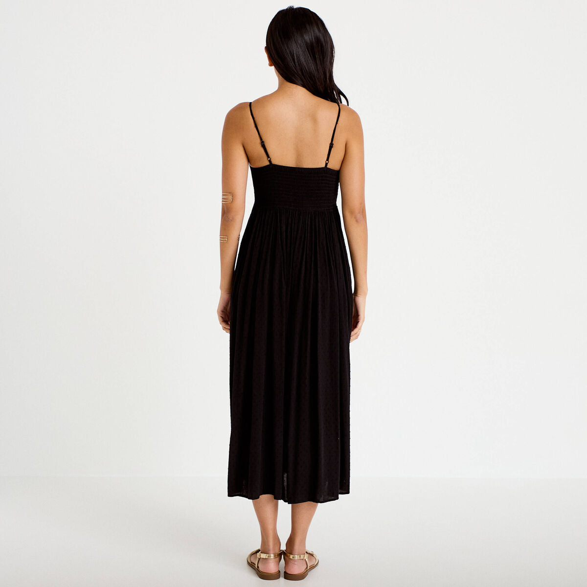 Robe longue bi-matière col v noir femme