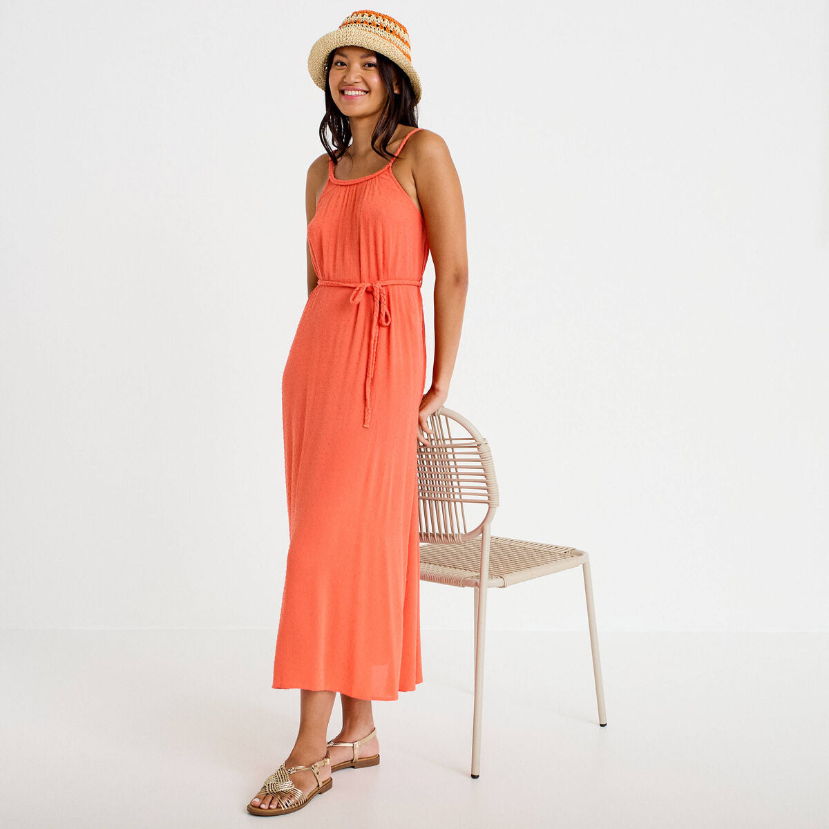 Robe longue évasée sans manches rouge corail femme