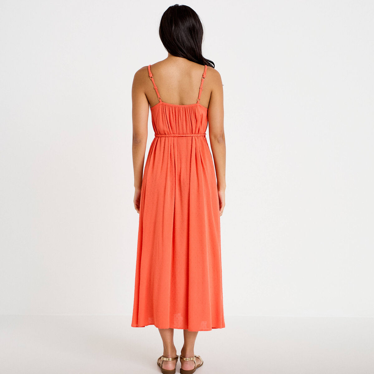 Robe longue évasée sans manches rouge corail femme