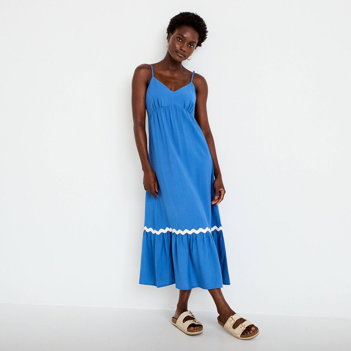 Robe longue évasée col v crêpe bleu foncé femme