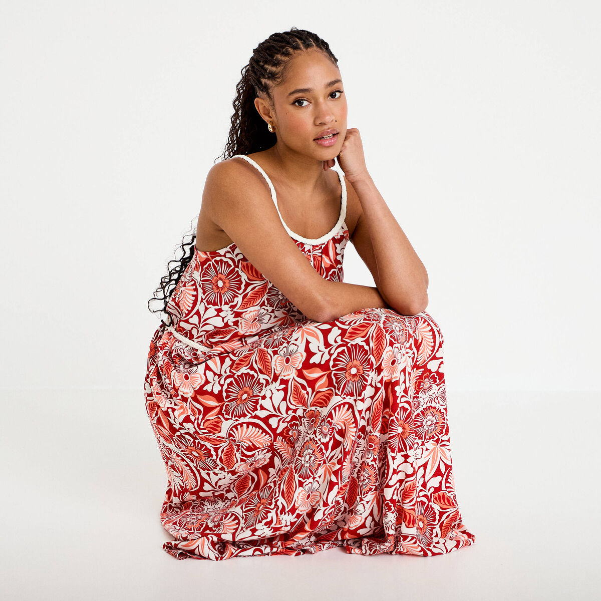 Robe longue évasée bretelles fines rouge femme