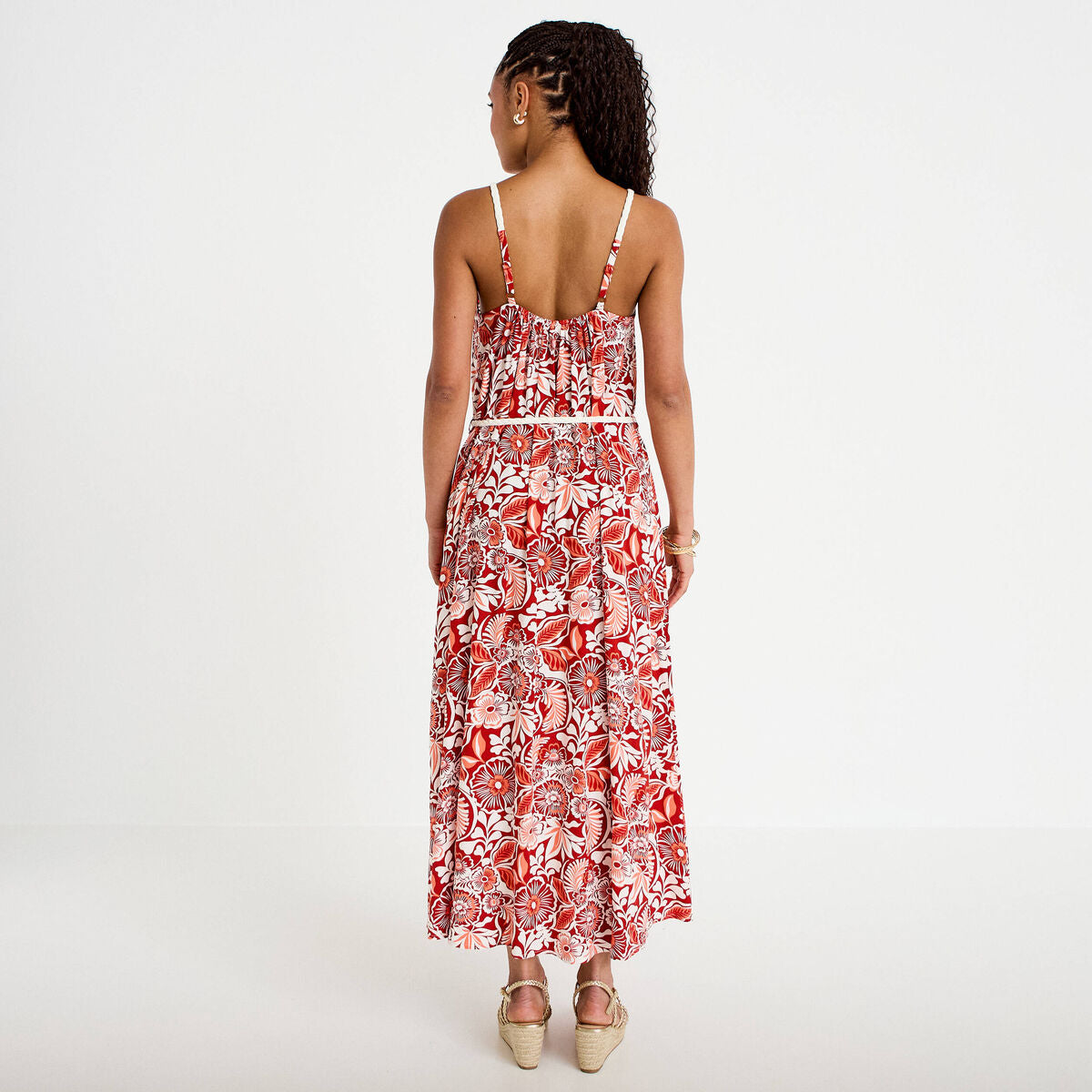 Robe longue évasée bretelles fines rouge femme