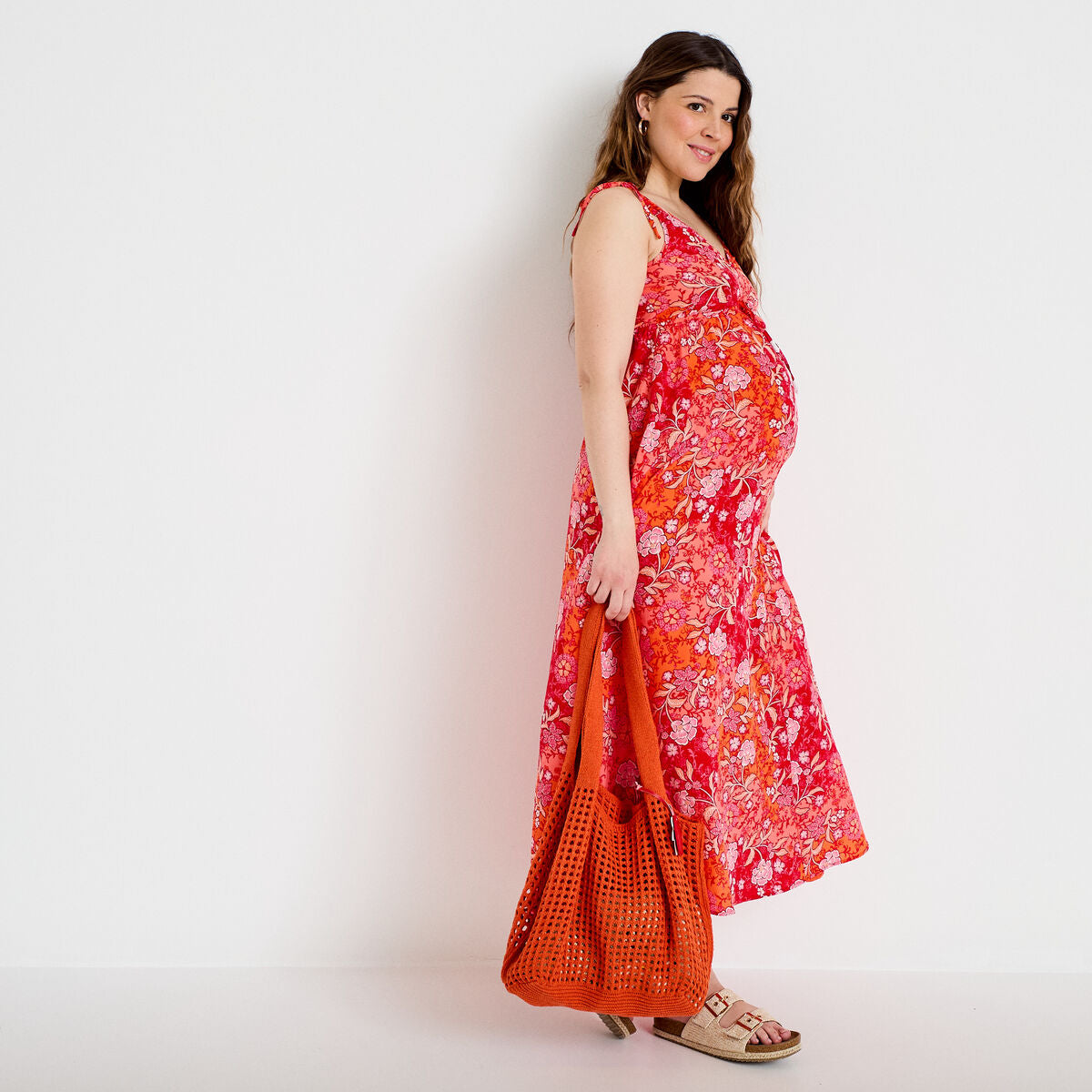 Robe longue évasée effet satinée rouge femme