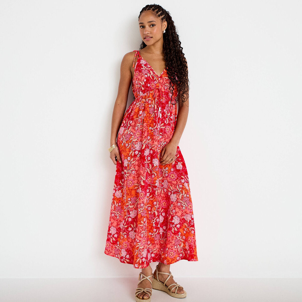 Robe longue évasée effet satinée rouge femme
