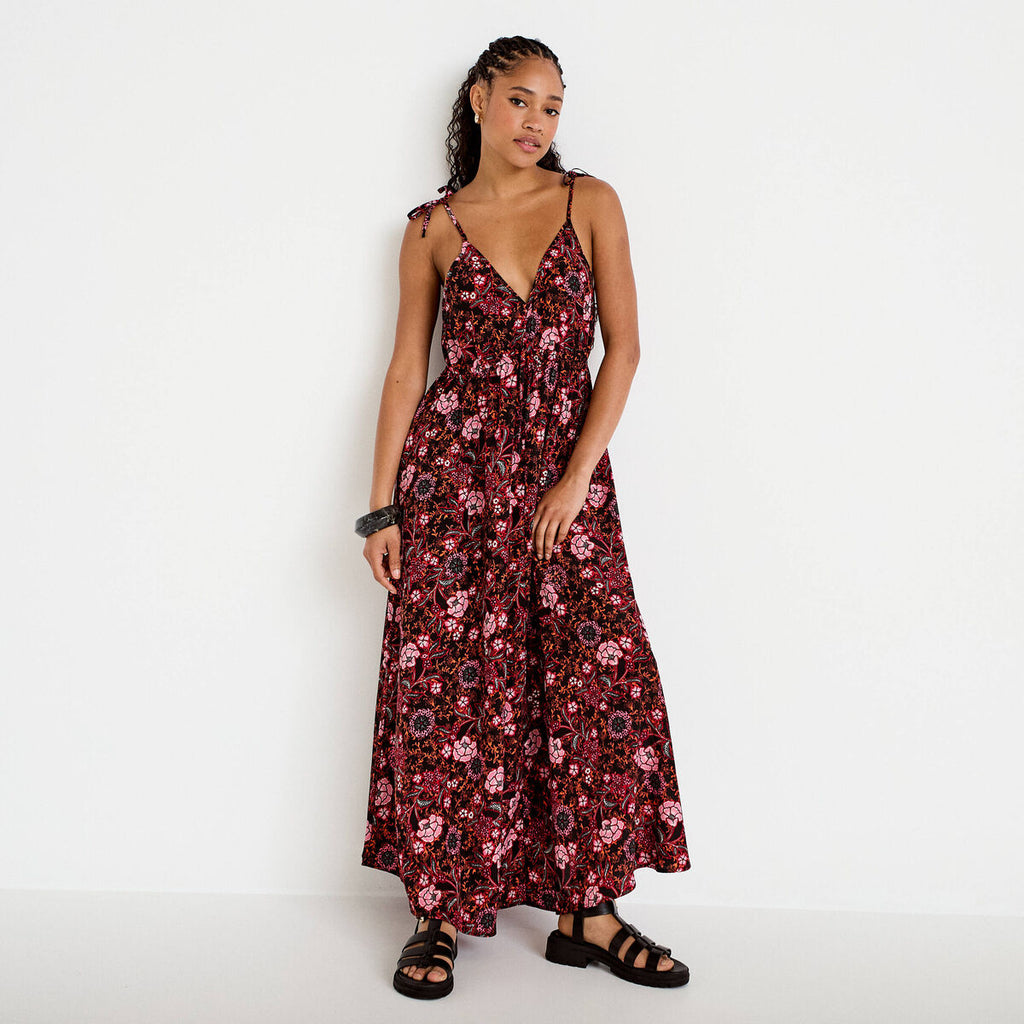Robe longue évasée effet satinée noir femme