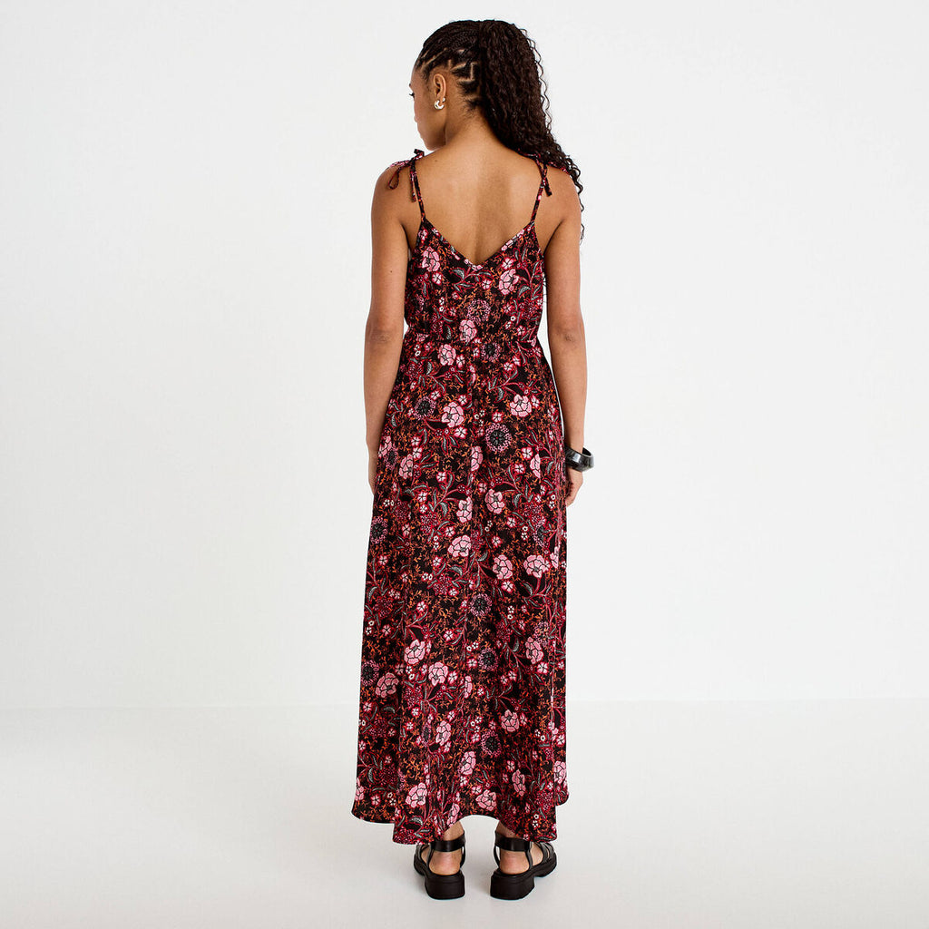 Robe longue évasée effet satinée noir femme