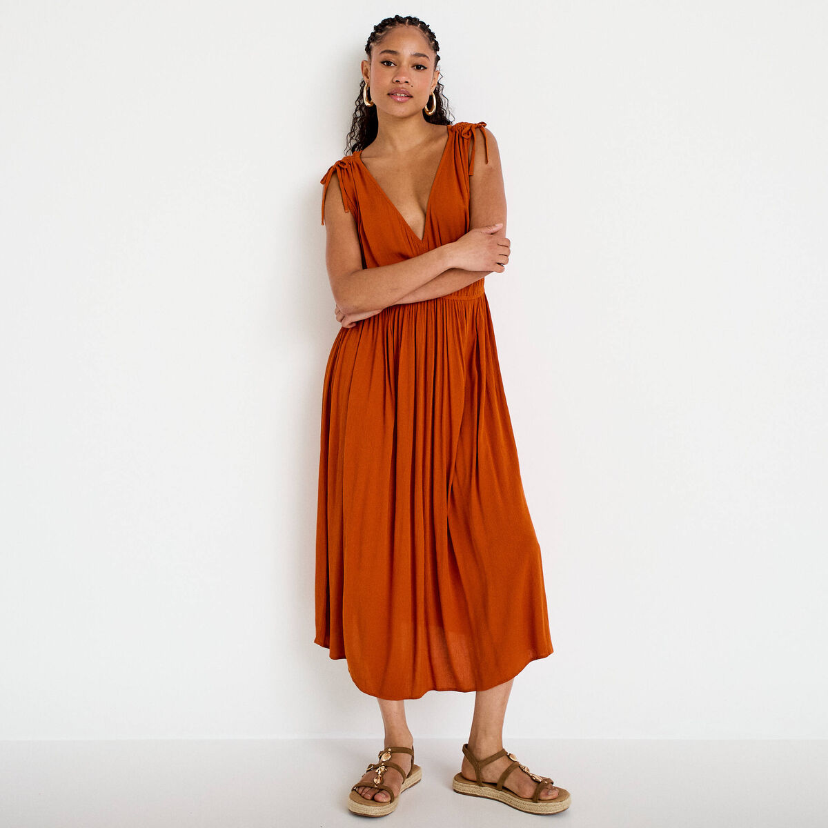 Robe midi évasée décolleté sans manches orange foncé femme