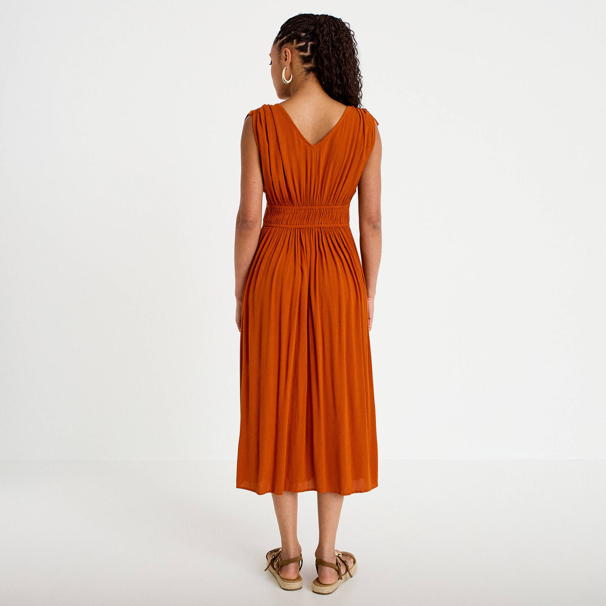 Robe midi évasée décolleté sans manches orange foncé femme