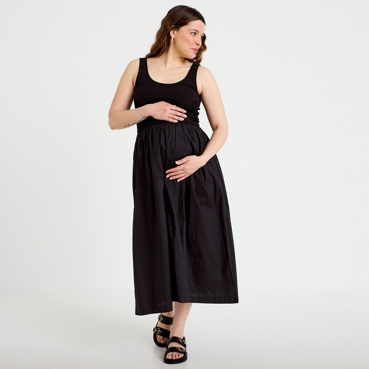 Robe longue évasée bi-matière noir femme