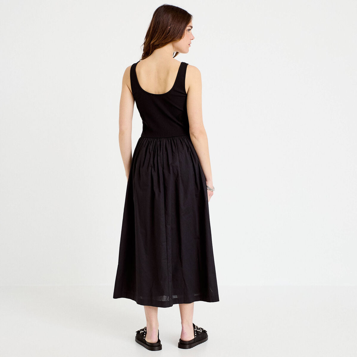 Robe longue évasée bi-matière noir femme