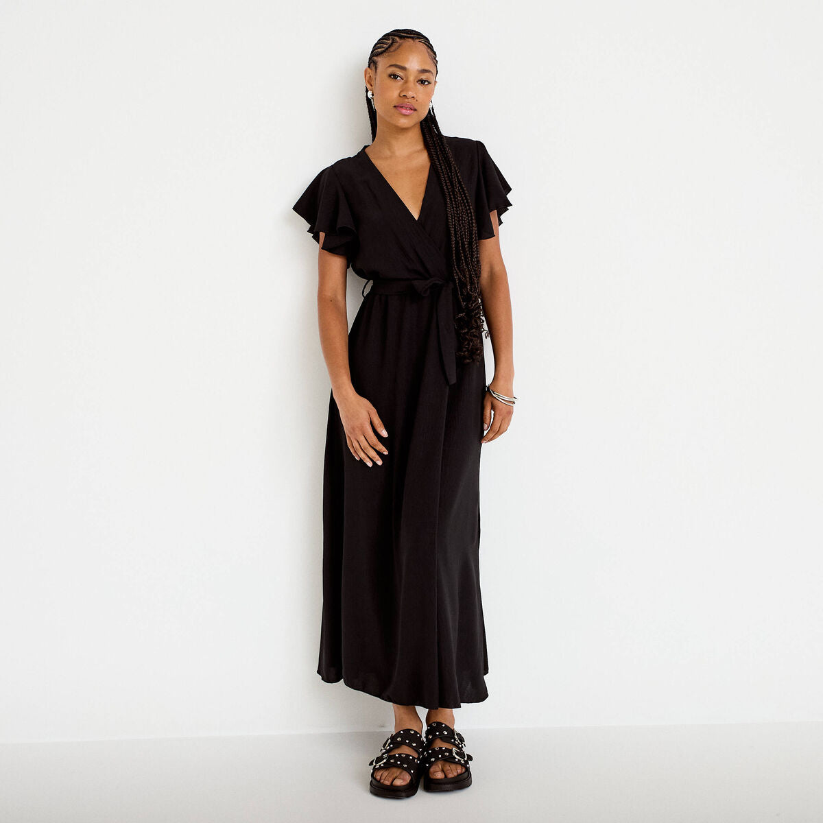 Robe longue évasée manches courtes noir femme