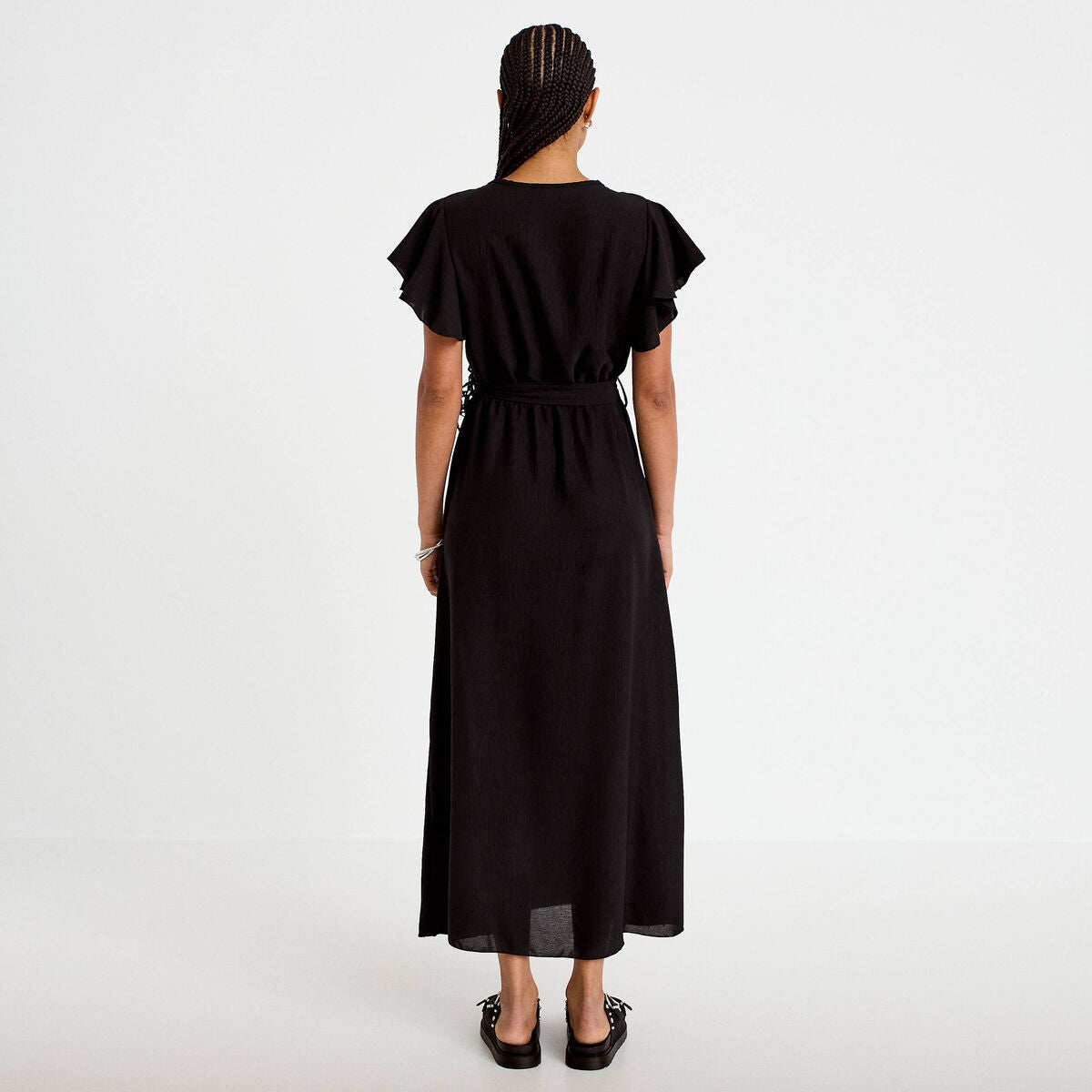 Robe longue évasée manches courtes noir femme