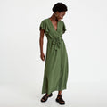 Robe longue évasée manches courtes vert kaki femme