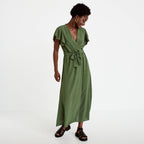Robe longue évasée manches courtes vert kaki femme