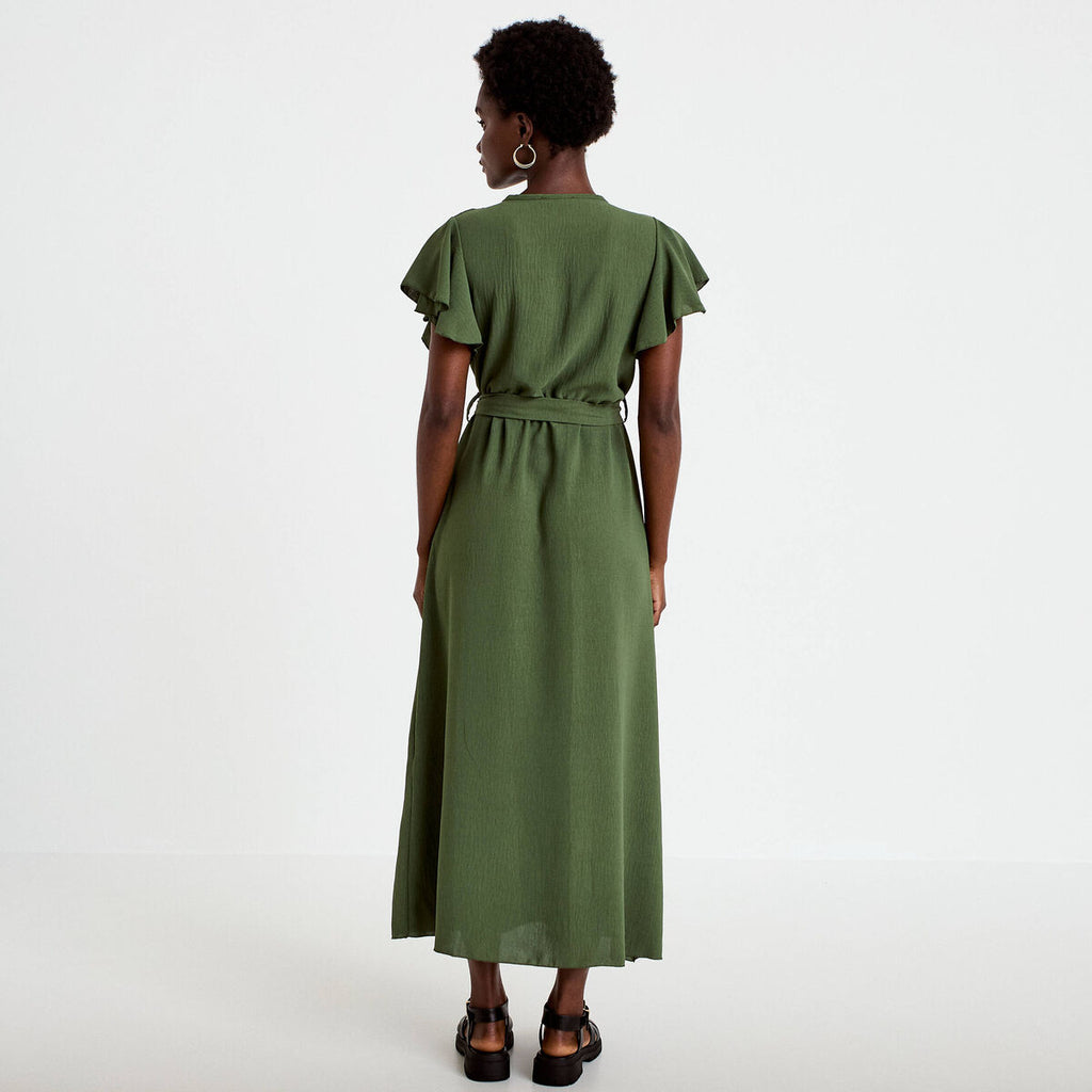 Robe longue évasée manches courtes vert kaki femme