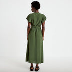 Robe longue évasée manches courtes vert kaki femme