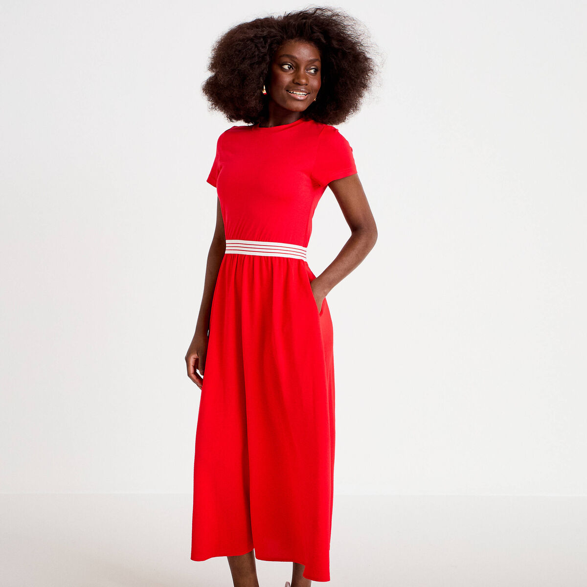 Robe longue évasée bi-matière rouge femme