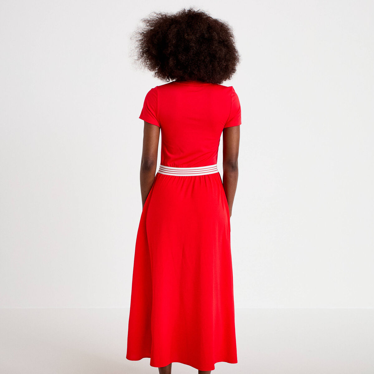 Robe longue évasée bi-matière rouge femme
