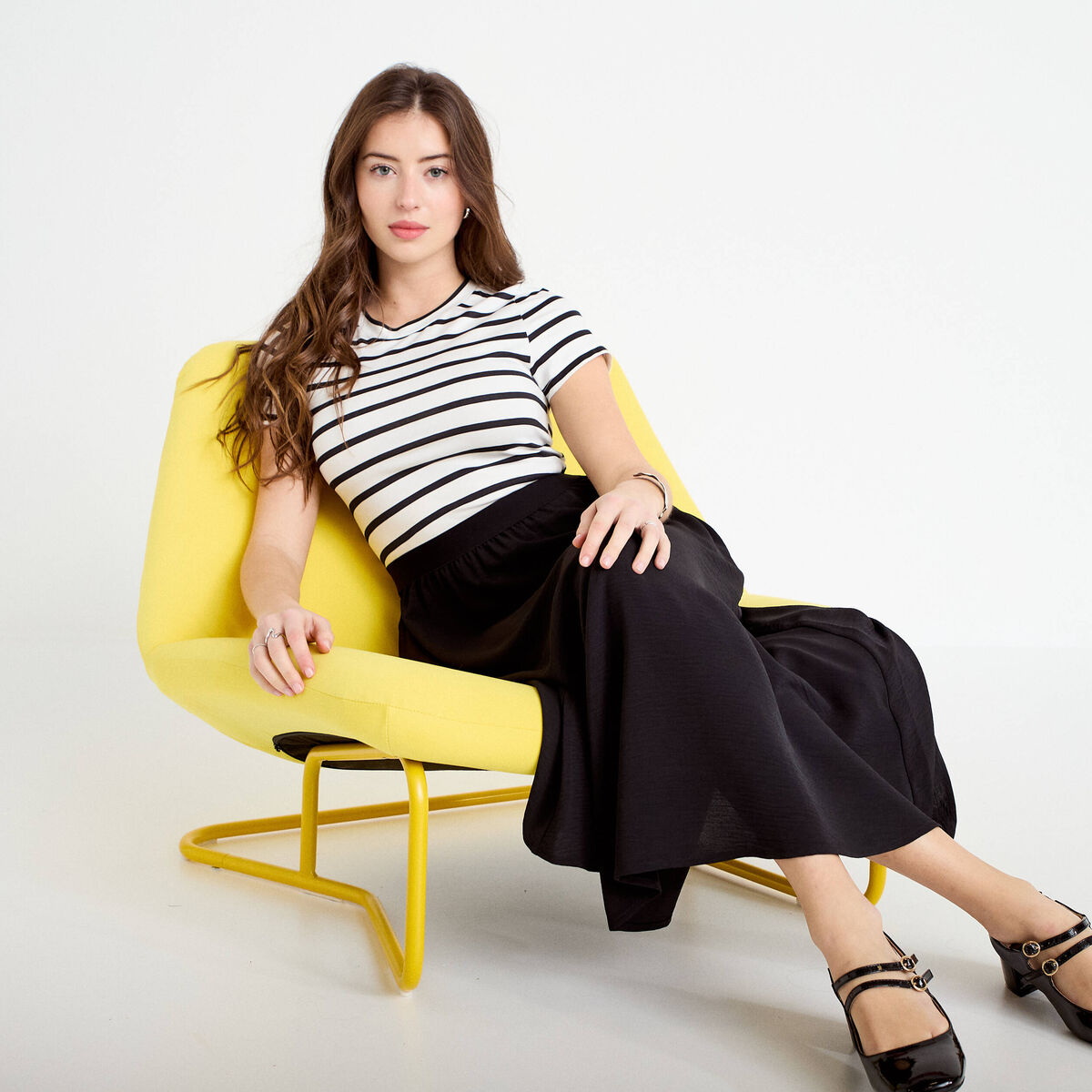 Robe longue évasée bi-matière noir femme