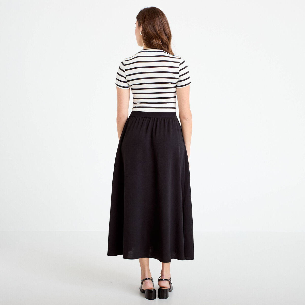 Robe longue évasée bi-matière noir femme