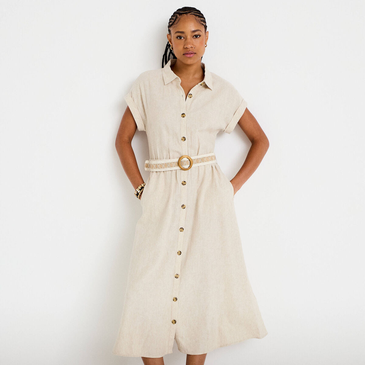 Robe évasée 3/4 col chemise ceinture beige femme