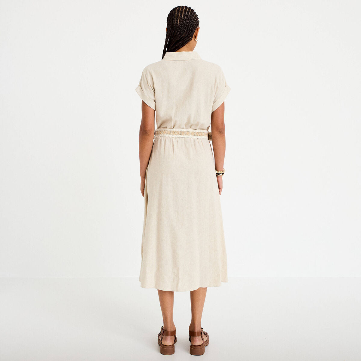 Robe évasée 3/4 col chemise ceinture beige femme