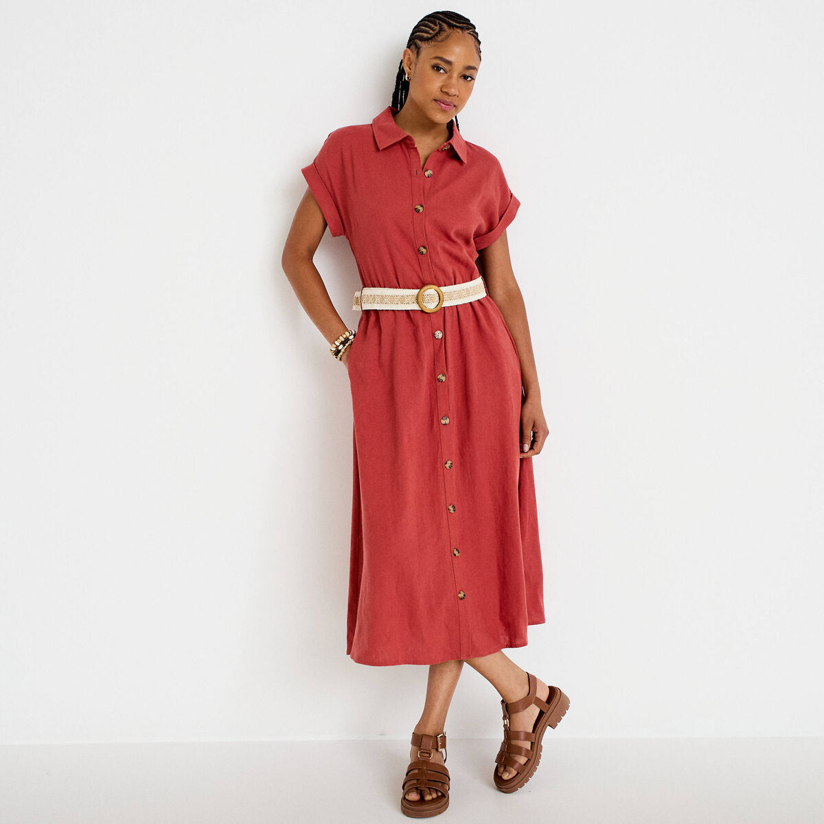 Robe évasée avec ceinture amovible vieux rose femme